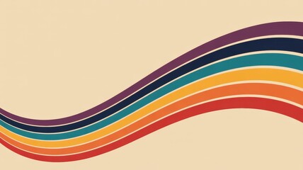 A wavy retro background with multiple colorful stripes on a light beige colored background space