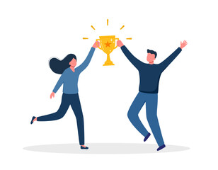 Man and woman get reward trophy and celebrating victory. Team work.