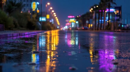 Obraz premium A wet street at night with colorful lights reflecting on the wet pavement, with palm trees and buildings in the background.