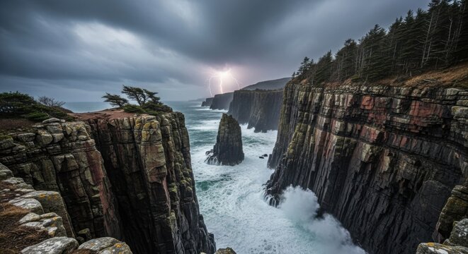 Dramatic lightning storm over rugged coastal cliffs and rough ocean waves.