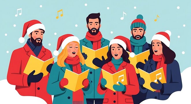 An illustration of a diverse group of happy Christmas carolers singing festive songs in the snow, wearing winter coats and Santa hats. Perfect for holiday themes.