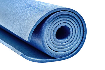 Blue foam exercise mat, rolled up tightly
