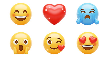 Collection of various 3d emoji faces and a red heart expressing different emotions on a black background
