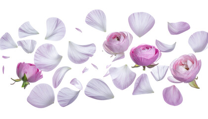 Ethereal blue flowers shedding delicate petals in a gentle cascade against a bright, clean white background, symbolizing fragility and beauty