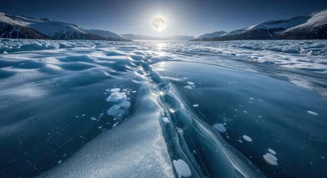 Bright full moon reflects on cracked ice of frozen lake, snowy mountains