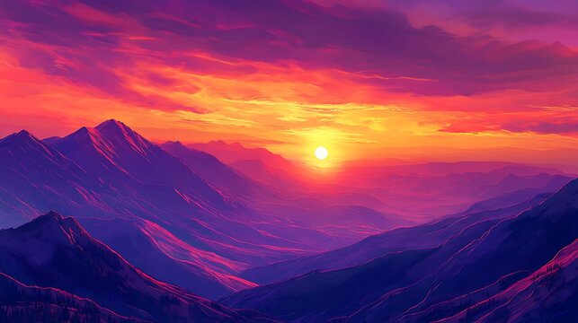 breathtaking digital painting of a mountain landscape at sunset, featuring vibrant purple peaks under a dramatic orange and yellow sky - Powered by Adobe