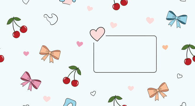 Adorable background template with a pattern of cherries, bows, and hearts, featuring a central rectangular frame for text with a cute heart speech bubble.