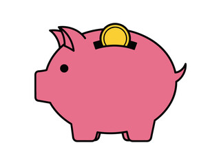 Simple cartoon illustration of a pink piggy bank with a gold coin being saved in the slot on its back.