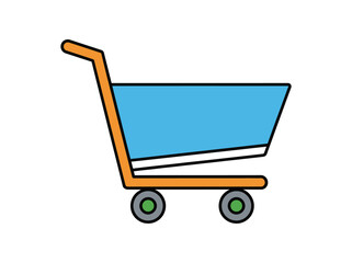 Illustration of a shopping cart with a blue basket and orange frame and wheels.