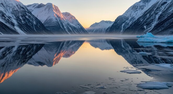 Majestic snow-capped mountains reflecting in icy fjord at dawn or dusk light - Powered by Adobe