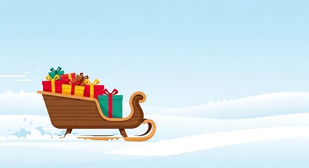 A festive illustration of a wooden sleigh filled with colorful gift boxes, speeding through a snowy winter landscape. Ideal for Christmas and holiday season themes.