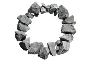 Rock circle outline, gray stones, black background