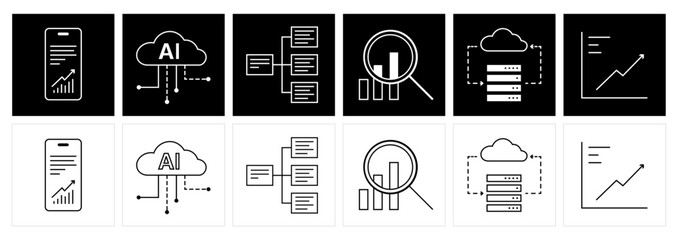 Data Analytics, AI, and Cloud Technology Line Icon Set.