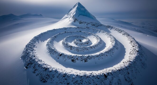 Spiral rock formation in vast snowy mountain landscape under bright blue sky - Powered by Adobe