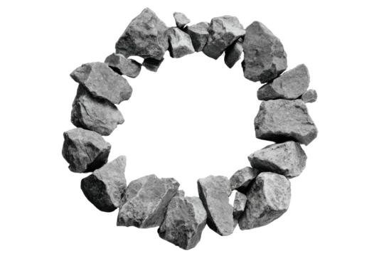 Rock circle outline, gray stones, black background