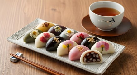 A visually stunning assortment of colorful Korean songpyeon (half-moon rice cakes) adorned with delicate edible flowers and sesame seeds, served with a cup of hot tea on a textured white plate.