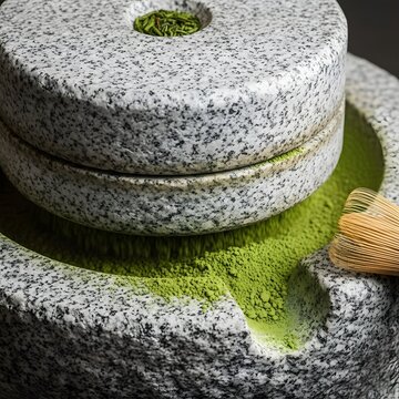 Traditional stone mill grinding green tea leaves into vibrant matcha powder with a bamboo whisk