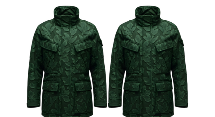 Two green camouflage patterned winter coats isolated on a black background