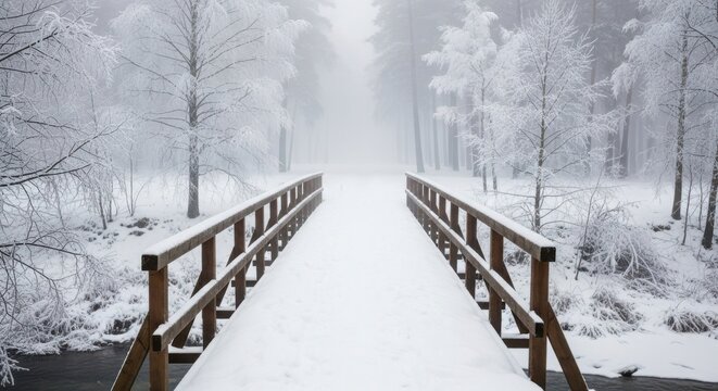 Snowy wooden bridge path extending into a misty winter forest landscape