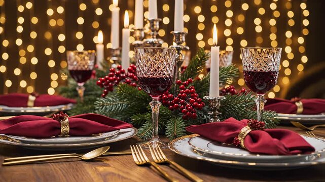 Elegant Christmas Dinner Table Setting with Festive Decorations and Warm Lighting.