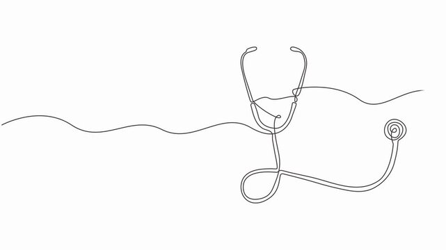 Animated self drawing of continuous line draw stethoscope equipment for doctor examining patient heart beat condition, Full-length single-line animation, 4k video.