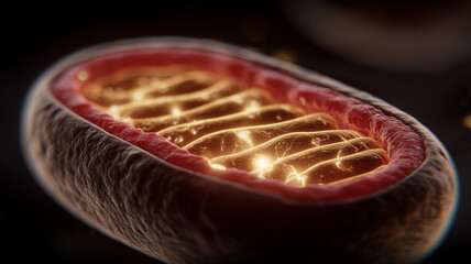 A glowing mitochondrion shown in high detail representing cellular power, essential biological activity and the foundation of metabolic function.
