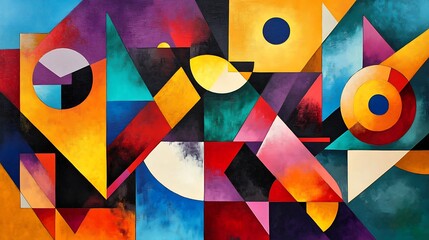 Vibrant abstract geometric painting featuring an intricate composition of colorful shapes and lines, perfect for modern design backgrounds or art concepts
