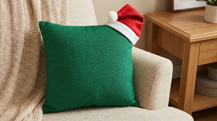 Festive green pillow with Santa hat on a cozy armchair