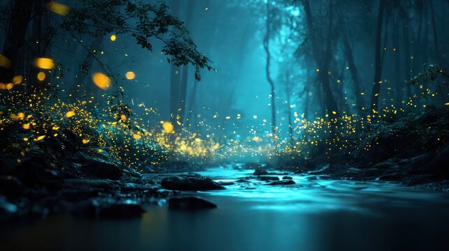 A mystical forest scene at twilight with illuminated, shimmering fireflies over a stream