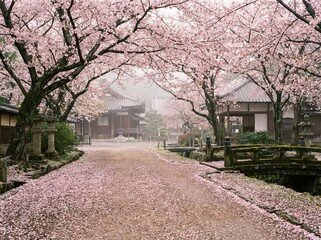Fallen cherry blossoms carpet a path through a misty Japanese temple garden in spring