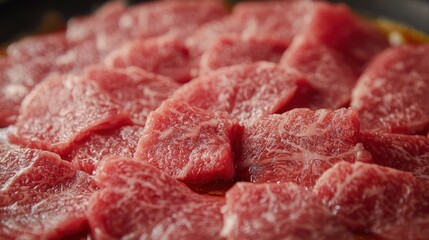 Obraz premium Sliced raw beef in a pan, ready for cooking