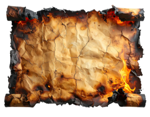 Scorched, curled parchment with burning flames