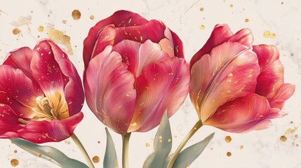 Three vibrant red tulips with gold accents on a white marble background with gold dots.