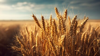 Ripe golden wheat stalks stand tall in a sunlit field under a dramatic sky