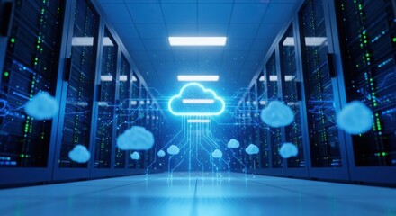 Cloud computing infrastructure in a modern data center with glowing network connections