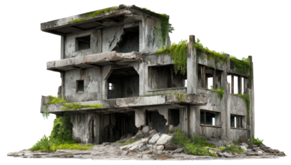 Crumbling multi-story building overtaken by nature