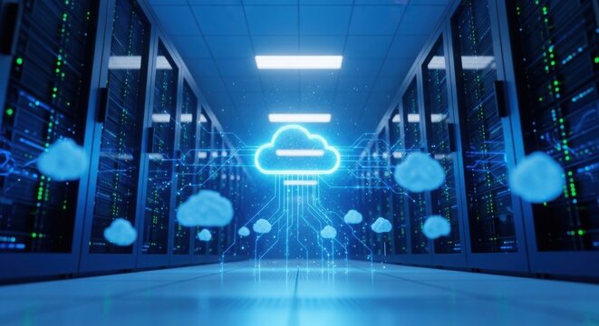Cloud computing infrastructure in a modern data center with glowing network connections