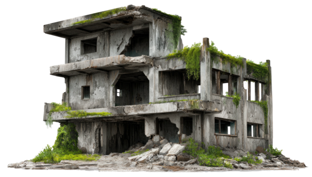 Crumbling multi-story building overtaken by nature