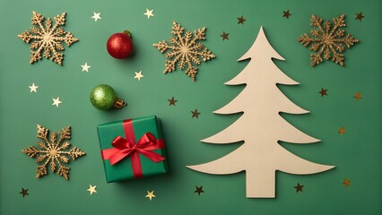 Christmas Flat Lay Decor: Craft Tree, Ornaments, Gift Box on Green Surface