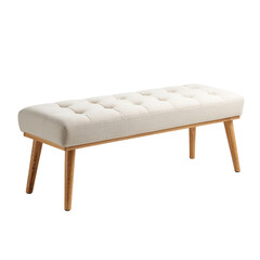 Tufted ivory bench on wood legs; simple, elegant design