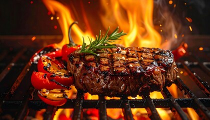 A Grilled Steak with Roasted Vegetables on Fire Depicting Culinary Arts and Gastronomy