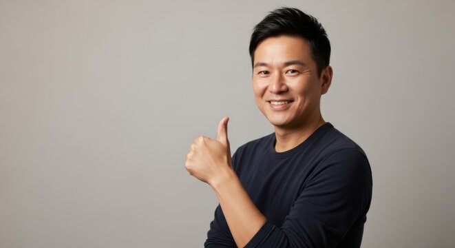 Confident young man giving a thumbs-up gesture, smiling warmly in casual attire