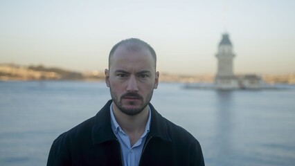 Serious man standing by the water with tower in background