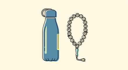 Water bottle and prayer beads with transparent background