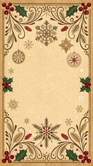 Vintage Christmas vertical border with holly, berries, snowflakes, and ornate foliage on aged paper. Use on sites/blogs about: holidays, greetings, invitations, crafting, retro design, and seasonal 
