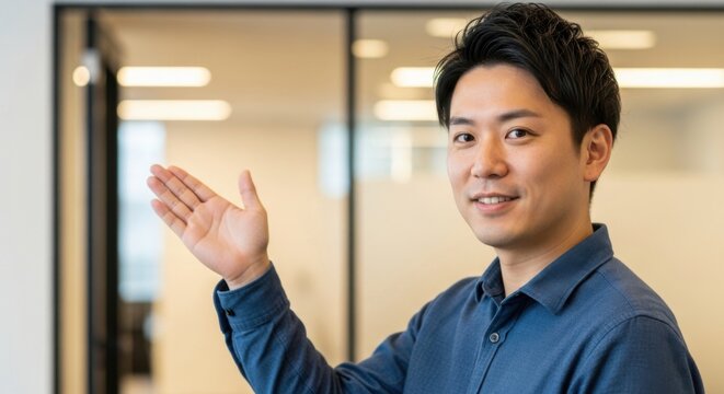 Professional young man presenting in modern office environment with confident demeanor and