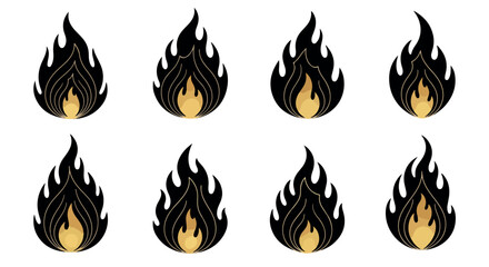 Set of stylized fire flames with transparent background