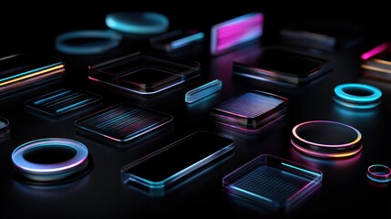 A collection of geometric shapes and glowing rings on a black surface, with a reflective surface and a dark background.