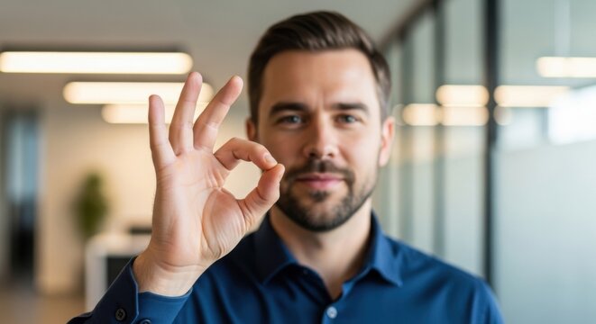 Confident young businessman giving approval gesture in professional