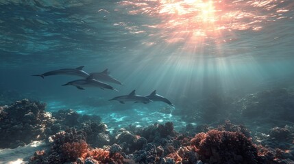 Obraz premium Three dolphins swimming in the ocean, with sunbeams shining through the water.